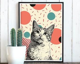 Cute cat art print | Pastel pattern wall art, Abstract mid-century illustration, geometric pointillist landscape