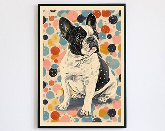 Pastel French bulldog art print | Colorful pattern wall art, Abstract mid-century illustration, geometric pointillist landscape