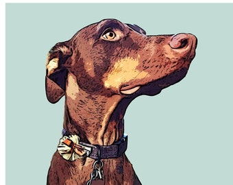 May include: A brown and tan Doberman Pinscher dog with a black collar and a brown and white bow tie. The dog is looking up and to the right.