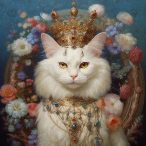 Pode incluir: Um gato branco usando uma coroa dourada e um colar de joias, cercado por flores. O gato tem uma express&atilde;o real e est&aacute; olhando diretamente para o espectador.
