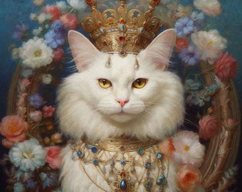 Custom Royal Pet Portraits. Renaissance Pet Painting. Pet Portrait Gift. Queen Cat Painting. Pet Portrait From Photo. Animal Painting