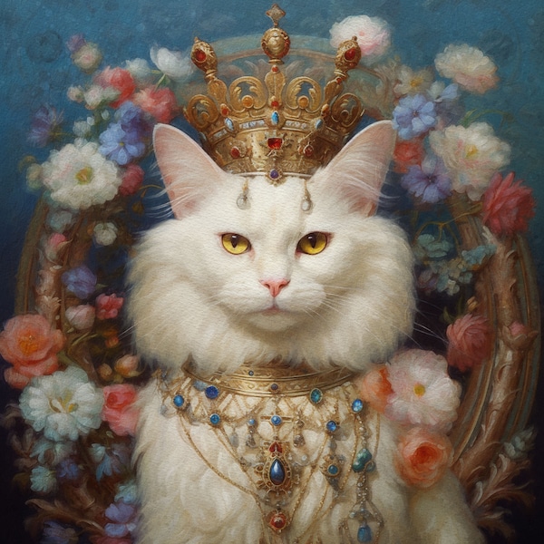Portrait personnalisé de votre chat en costume de Reine Renaissance | style peinture à l'huile | Digital, Affiche ou Toile