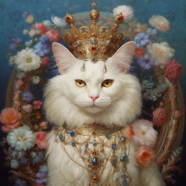 Pode incluir: Um gato branco usando uma coroa dourada e um colar de joias, cercado por flores. O gato tem uma express&atilde;o real e est&aacute; olhando diretamente para o espectador.