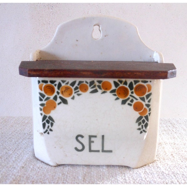 French country home - Ceramic SALT POT canister decorated with orange fruits