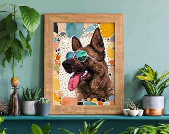 May include: A framed print of a dog wearing sunglasses against a colorful abstract background. The dog is a German Shepherd with brown fur and a pink tongue sticking out. The background is a mix of yellow, orange, blue, and green.