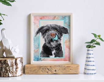 May include: Framed print of a black and white illustration of a dog with a blue tongue sticking out. The background is a watercolor-style design with pink, blue, and green colors.