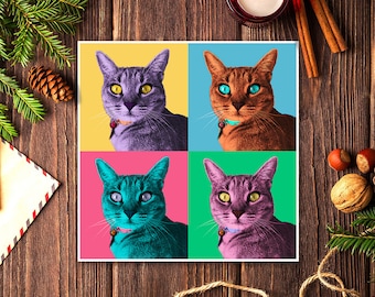 May include: A collage of four images of a cat with different colored backgrounds. The cat is in the center of each image and has a different color background behind it. The backgrounds are pink, blue, green, and yellow. The cat is looking at the camera in each image.
