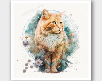 Ginger cat watercolor illustration - Sacred geometry, magical, flowers cat Painting - Boho, Fairycore animal Lover Gift