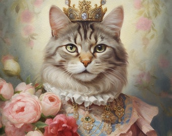 Retrato personalizado de animal de estimação da realeza, pintura majestosa de gato, presente para amantes de animais, retrato real, presente de retrato de animal de estimação, presente de última hora