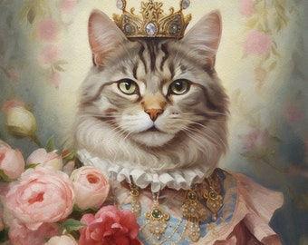 Custom Queen Pet Portrait Memorial, Regal Cat Painting, Pet Lovers Gift, Royal Portrait, Pet Portrait Gift, Last Minute gift