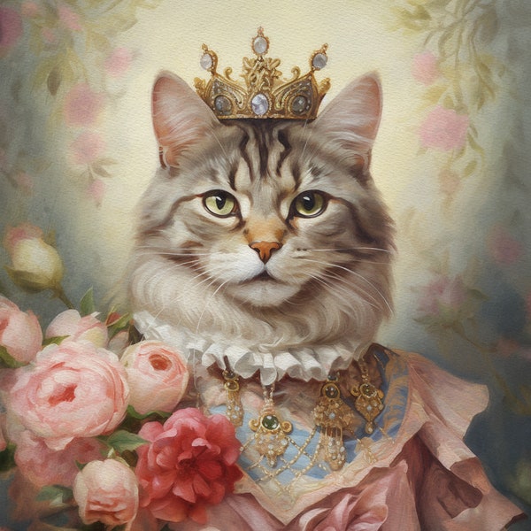 Portrait personnalisé de votre chat en costume de Reine Renaissance | style peinture à l'huile | Digital, Affiche ou Toile