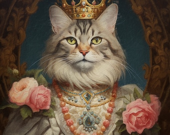 Custom Royal Pet Portrait, Custom Queen Cat Portrait, Renaissance Pet Portrait, Pet Lovers Gift, Pet Portrait Gift, Dressed Animal Paintings