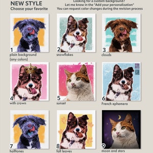 May include: Nine different digital art styles for pet portraits.  The styles include plain background, snowflakes, clouds, with crown, sunset, French ephemera, halftones, fall leaves, and moon and stars.