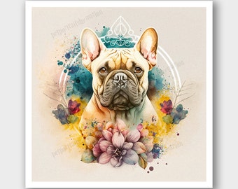 French bulldog dog watercolor illustration - Sacred geometry, magical, flowers dog Painting - Boho, Fairycore animal Lover Gift