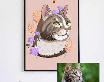 Custom Cat Portrait with flowers, Custom Cat Portrait, Cat Art, Cat Painting, Pet Painting, Custom Portrait, Pet Loss, Pet Memorial