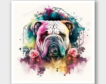 Bulldog dog watercolor illustration - Sacred geometry, magical, flowers dog Painting - Boho, Fairycore animal Lover Gift