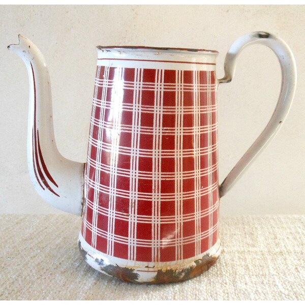 Antique French enamel COFFEE POT pitcher with RED  and White square - country style