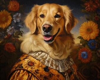 Custom Royal Dog Portraits. Renaissance Pet Painting. Pet Owner Gift. Dressed Animal Painting. Pet Portrait From Photo. Golden Retriever