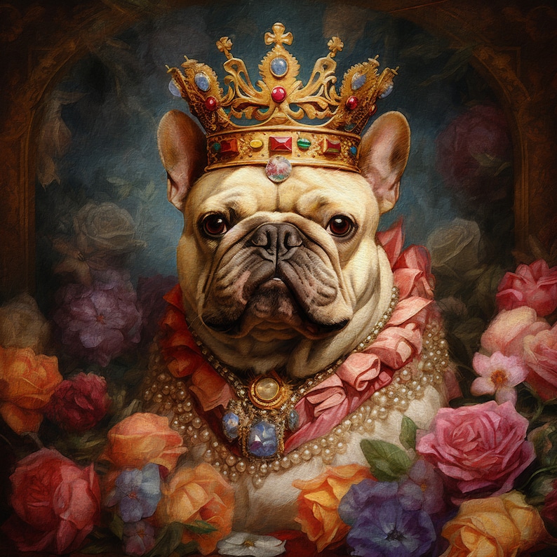 Pode incluir: Um bulldogue franc&ecirc;s usando uma coroa dourada com joias coloridas, um colar de babados rosa e um colar de p&eacute;rolas. O c&atilde;o est&aacute; rodeado de flores rosa, laranja e roxas.
