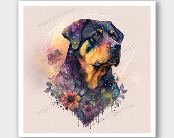 Rottweiler dog watercolor illustration - Sacred geometry, magical, flowers dog Painting - Boho, Fairycore animal Lover Gift