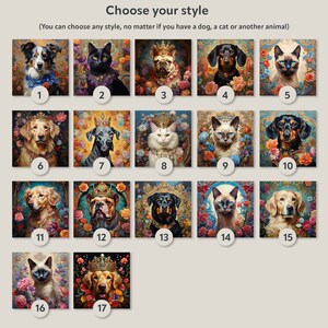Pode incluir: Uma colagem de 17 estilos diferentes para retratos de animais de estima&ccedil;&atilde;o. Cada imagem apresenta um animal de estima&ccedil;&atilde;o, como um c&atilde;o ou um gato, em um estilo art&iacute;stico &uacute;nico. Os estilos incluem uma variedade de fundos, cores e poses.