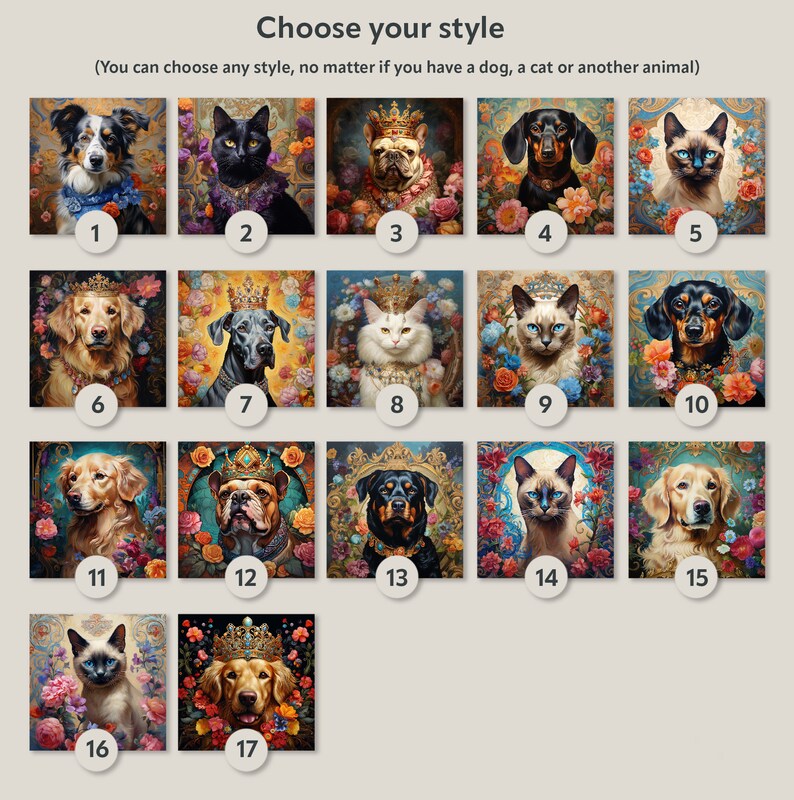 Pode incluir: Uma colagem de 17 estilos diferentes para retratos de animais de estima&ccedil;&atilde;o. Cada imagem apresenta um animal de estima&ccedil;&atilde;o, como um c&atilde;o ou um gato, em um estilo art&iacute;stico &uacute;nico. Os estilos incluem uma variedade de fundos, cores e poses.