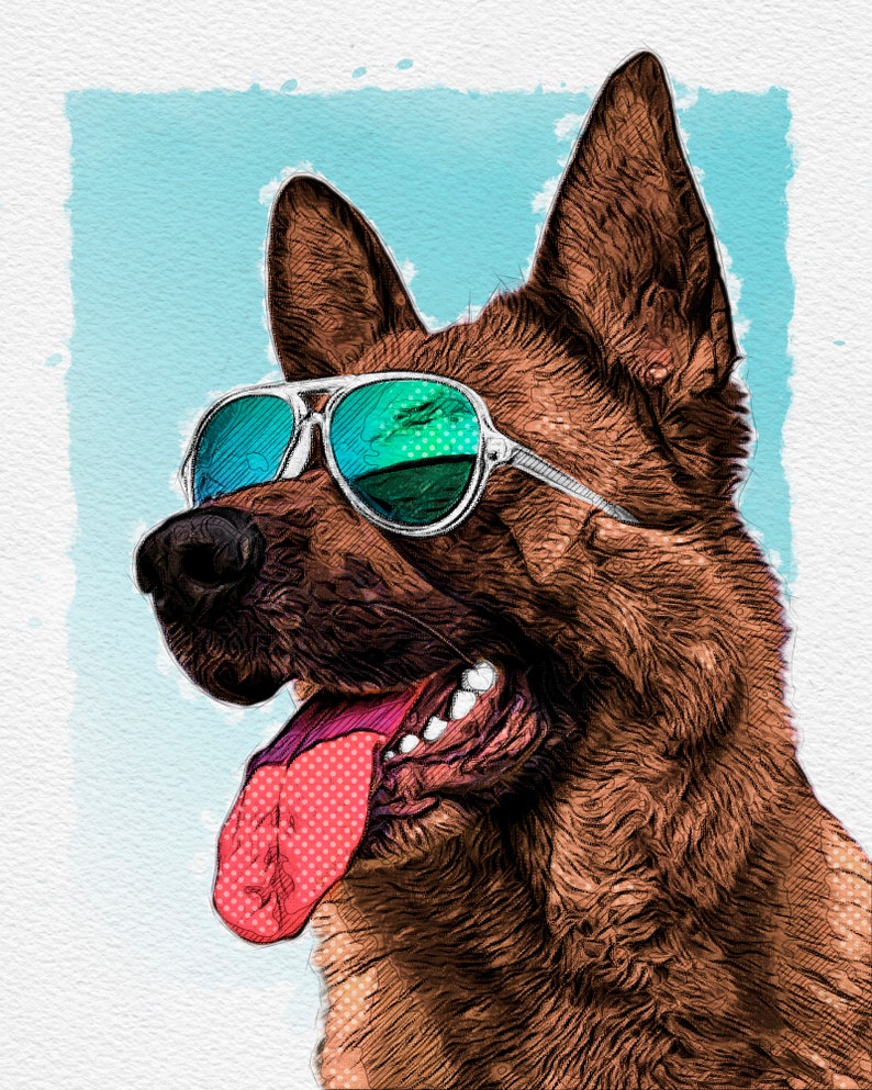 May include: A brown and tan German Shepherd dog wearing blue and green sunglasses with a pink tongue sticking out. The dog is looking to the left of the image. The background is a light blue watercolor wash.