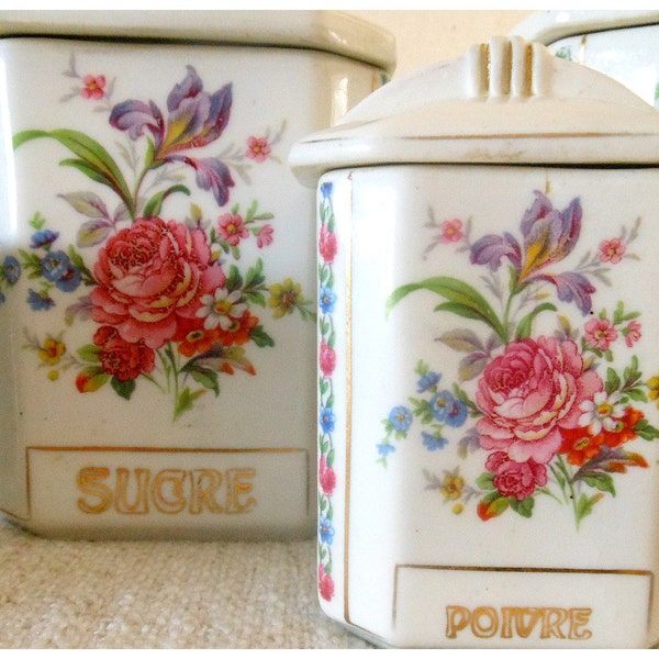 Set of 6 french ceramic canisters - bouquet bunch of pink flowers - roses - shabby chic