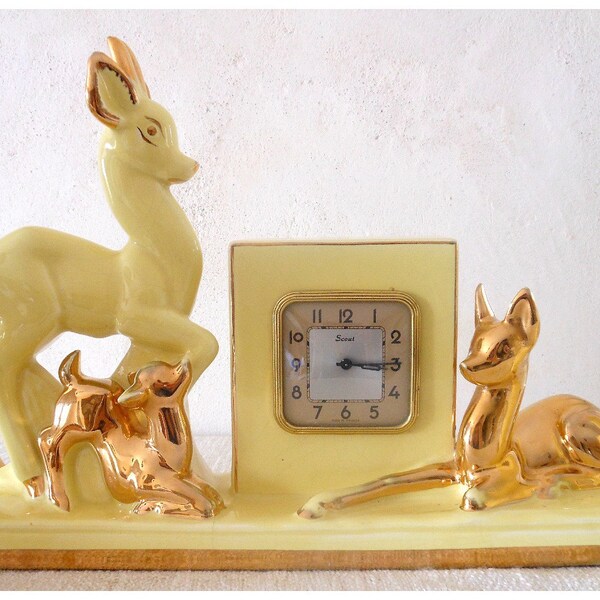 RESERVED Vintage 1950s CLOCK and LAMP - pale yellow, doe, fawn, stag - art deco mid-century