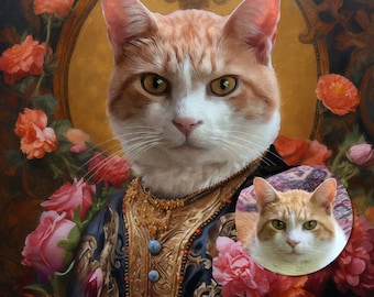 Custom royal pet portraits. Renaissance Cat Painting. Pet portrait gift. Pet portrait from photo.  Last minute Christmas gift