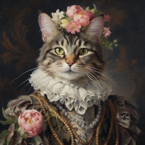 Retrato de gato fofo personalizado com coroa de flores, pintura de gato real em roupas renascentistas, presente para amantes de animais de estimação, retrato real, presente de retrato de animal de estimação