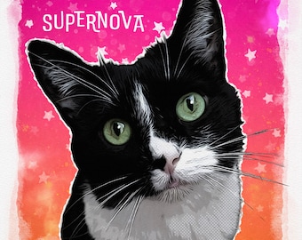 Custom Pet Portraits: POP ART Cat Portrait From Your Photos. Andy Warhol Portrait. Customized Pet Portrait. Print and Canvas