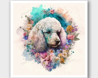 Poodle dog watercolor illustration - Sacred geometry, magical, flowers dog Painting - Boho, Fairycore animal Lover Gift