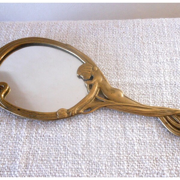 ART NOUVEAU hand mirror with nude woman - brass, floral, Vintage French