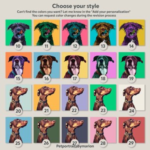 May include: A grid of 29 different color palettes for a dog portrait. Each palette features a different color combination and background. The palettes are numbered 10 through 29.
