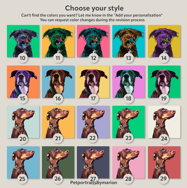 May include: A grid of 29 different color palettes for a dog portrait. Each palette features a different color combination and background. The palettes are numbered 10 through 29.