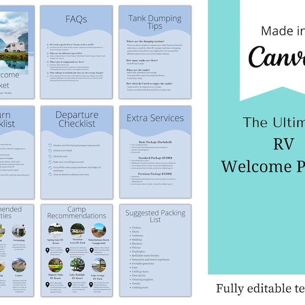 rv rental welcome book, rv guidebook, airnbn, rv welcome guide template, canva template, rv rental welcome, rv rental welcome packet