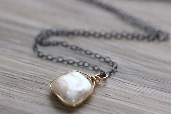 Items similar to Freshwater Square Pearl Bezel Charm Necklace, Square ...