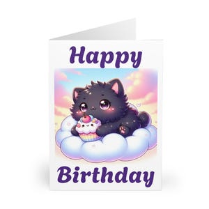 Cute Fluffy Black Kitty Cupcake Cloud Greeting Cards - Gift for Cat Lovers - Kawaii Kitten - Fantasy Animal Art - Cat Birthday