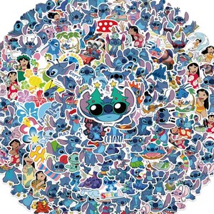 May include: A collection of colorful stickers featuring the character Stitch from the Disney movie Lilo & Stitch. The stickers showcase Stitch in various poses and settings, with vibrant colors and detailed designs. The stickers are arranged in a circular pattern.
