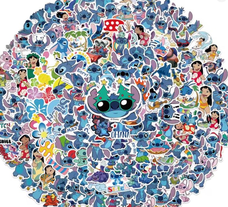 May include: A collection of colorful stickers featuring the character Stitch from the Disney movie Lilo & Stitch. The stickers showcase Stitch in various poses and settings, with vibrant colors and detailed designs. The stickers are arranged in a circular pattern.