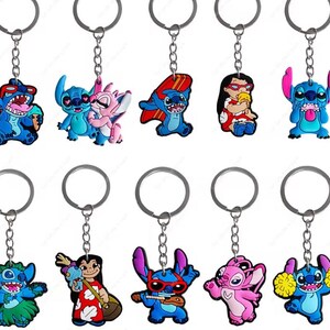 May include: A collection of eleven keychains featuring various designs of the character Stitch. The keychains are made of colorful rubber and include Stitch in different poses, some with accessories. Each keychain has a silver metal ring and chain.