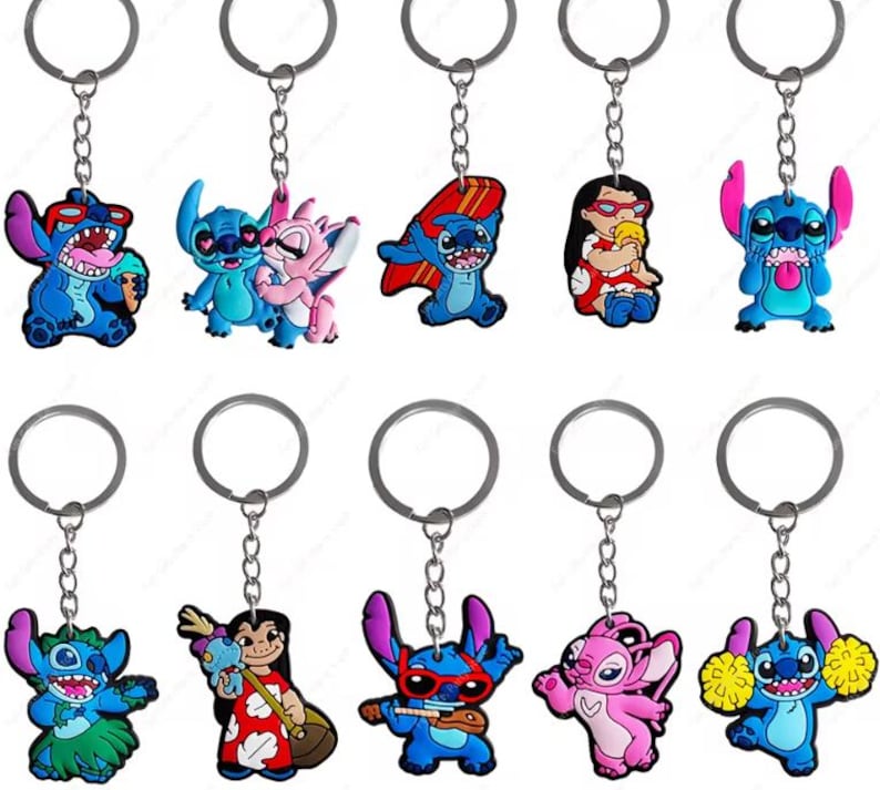 May include: A collection of eleven keychains featuring various designs of the character Stitch. The keychains are made of colorful rubber and include Stitch in different poses, some with accessories. Each keychain has a silver metal ring and chain.