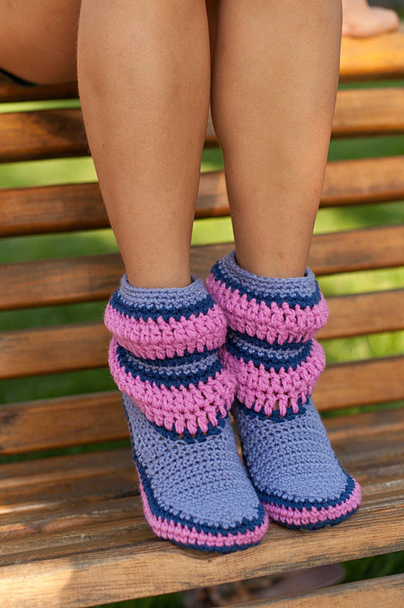 Crochet Boots Home Women Slippers Turquoise Stripes Etsy