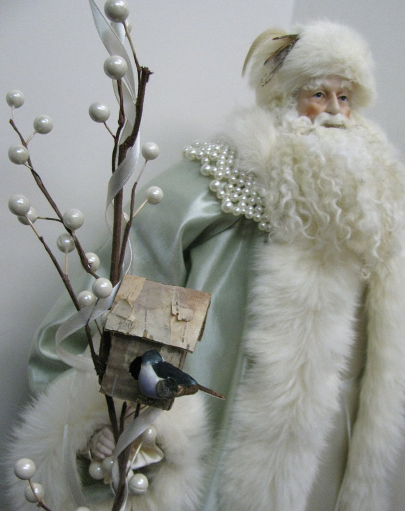 Father Christmas Doll Pale Green with Pearl Collar and Etsy