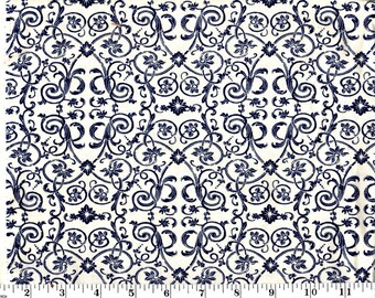 1 Yards, Navy Damask Scroll on Cream