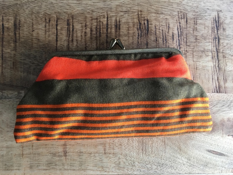 Vintage Bittersweet Orange and Brown Multicoloured Horizontal Stripes Cotton Purse