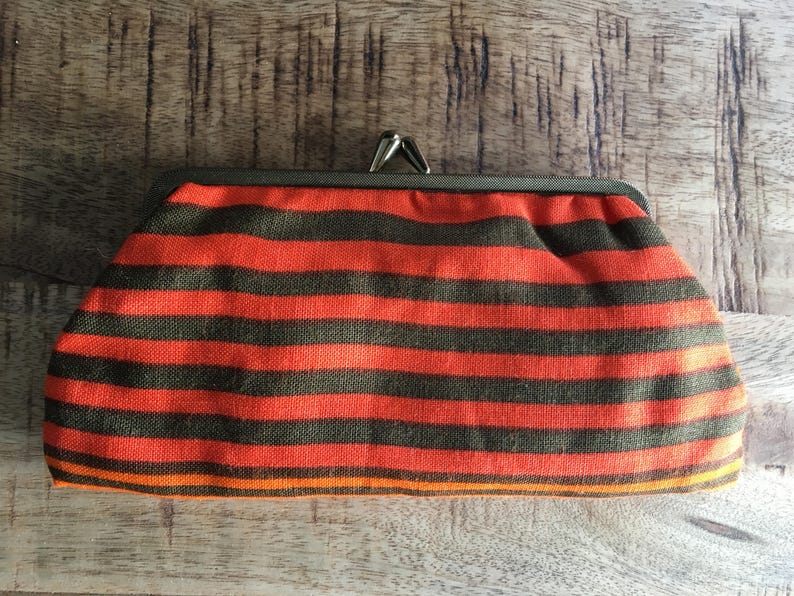 Vintage Bittersweet Orange and Brown Multicoloured Horizontal Stripes Cotton Purse