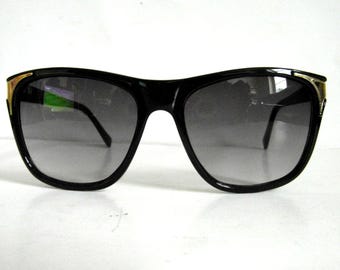 Vintage Shiny Black & Gold Square-Frame Sunglasses