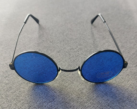 Vintage Ultramarine Blue Lenses Black Round Frame… - image 6